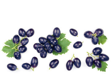 bue grapes wih leaves isolated on the white background with copy space for your text. Top view. Flat lay pattern