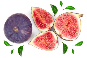 fig fruits with leaves isolated on white background. Top view. Flat lay pattern