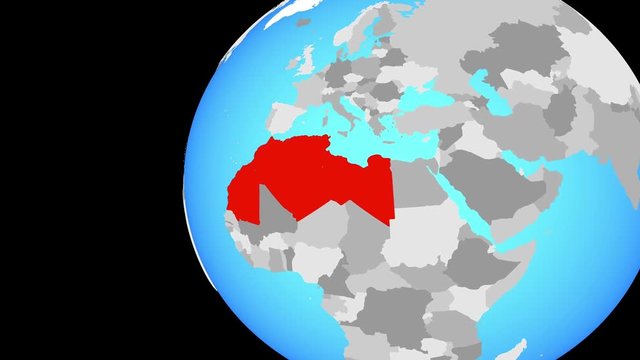 Maghreb region on blue political globe. Orbiting around globe and zooming to the country. 3D illustration.