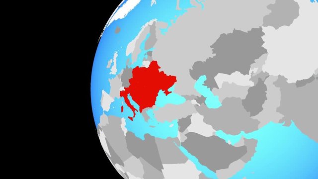 CEI countries on blue political globe. Orbiting around globe and zooming to the country. 3D illustration.