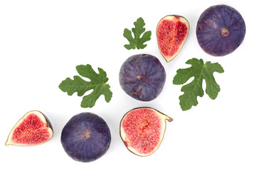 fig fruits with leaves isolated on white background with copy space for your text. Top view. Flat...