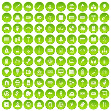 100 entertainment icons set green circle isolated on white background vector illustration