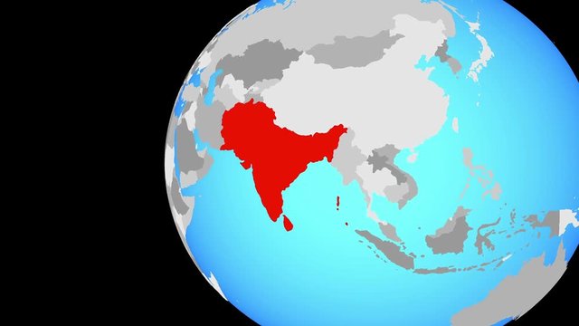 SAARC memeber states on blue political globe. Orbiting around globe and zooming to the country. 3D illustration.