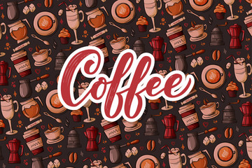 Hand lettering ellements in sketch style for coffee shop or cafe. Hand drawn vintage cartoon design, isolated on background