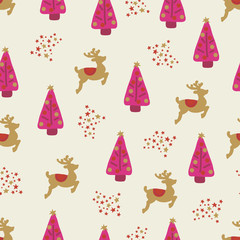 Christmas holidays seamless vector background for women girl. Trees reindeer stars. Hand drawn pattern pink white gold. For fabric, gift wrap, poster, greeting card, party invitation, decor, paper