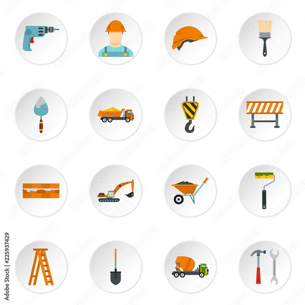 Poster construction icons set in flat style. building tools set collection vector icons set illustration