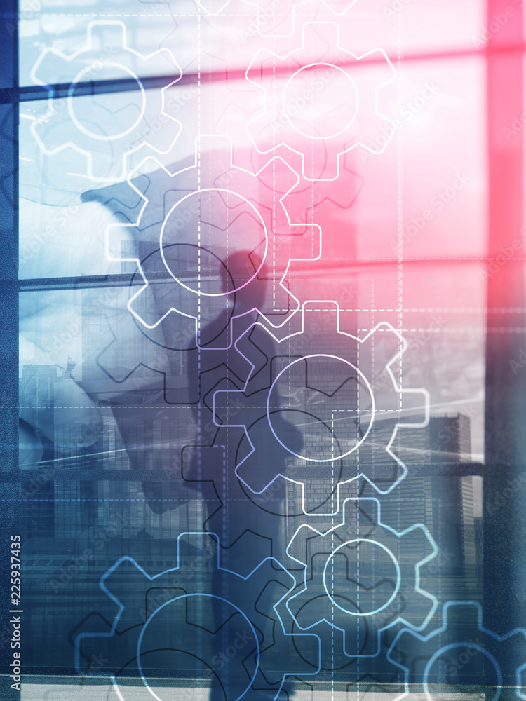 Poster double exposure gears mechanism on blurred background. business and industrial process automation co