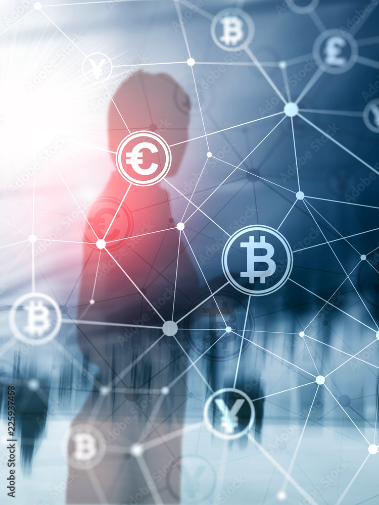 Poster double exposure bitcoin and blockchain concept. digital economy and currency trading. abstract cover