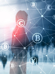 Double exposure Bitcoin and blockchain concept. Digital economy and currency trading. Abstract...