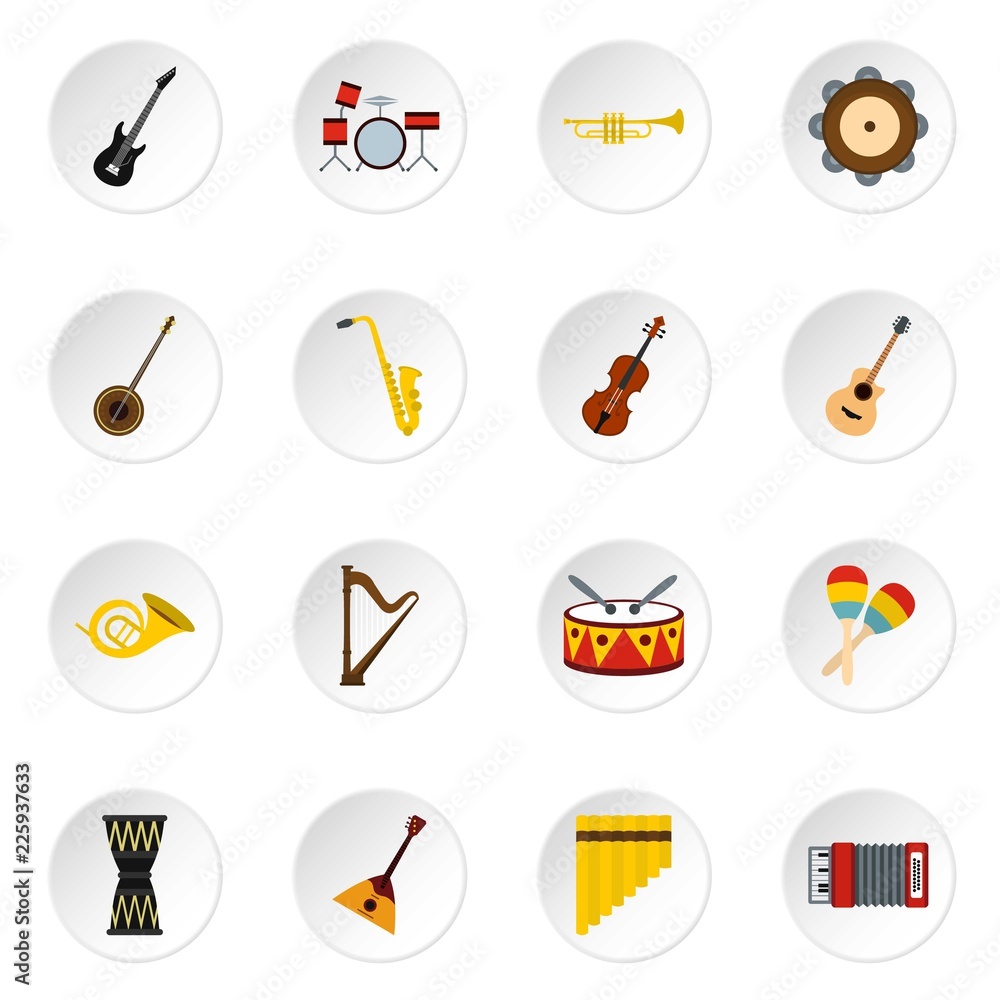 Poster Musical instruments icons set in flat style. Orchestra instruments set collection vector icons set illustration