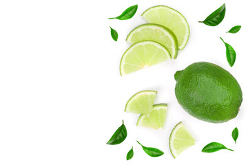 Fototapeta na wymiar sliced lime vith leaves isolated on white background with copy space for your text. Top view. Flat lay pattern