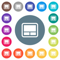 Laptop touchpad flat white icons on round color backgrounds