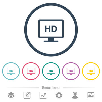 HD display flat color icons in round outlines