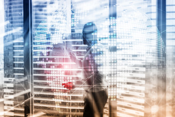 3D Earth hologram on blurred background.Global business and communication concept.