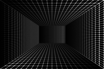 Abstract Black and White Geometric Pattern with Stripes in Tunnel. Wicker Structural Texture of Tile Wall. Raster. 3D Illustration