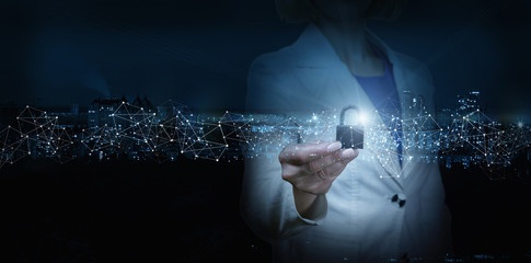 Businesswoman puts security .