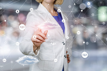 Businesswoman running in a network .