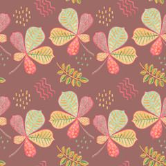 Autumn leaves floral seamless pattern. Chestnut leaves on taupe pink background. Fall leaf crayon handdrawn illustration