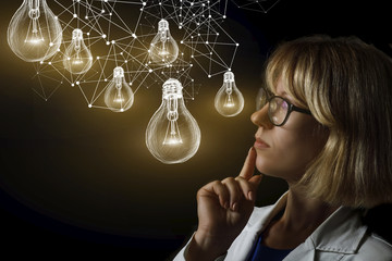 Woman come different ideas in the form of light bulbs.