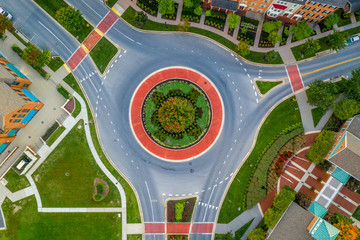 Aerial view of an American traffic roundabout in Maryland USA