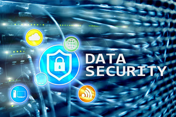 Data security, cyber crime prevention, Digital information protection. Lock icons and server room...