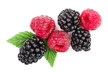 blackberry and raspberry with leaves isolated on white background. Top view. Flat lay pattern