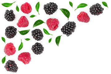 blackberry and raspberry with leaves isolated on white background with copy space for your text. Top view. Flat lay pattern