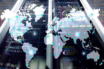 Internet and telecommunication concept with world map on server room background.
