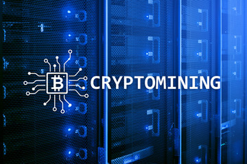 Cryptocurrency mining concept on server room background.