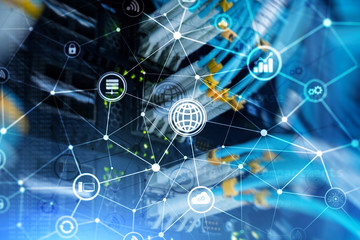 ICT - information and telecommunication technology and IOT - internet of things concepts. Diagrams with icons on server room backgrounds.