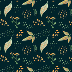 Autumn leaf floral seamless pattern. Yellow green leaf on dark green background. Fall leaf crayon handdrawn illustration