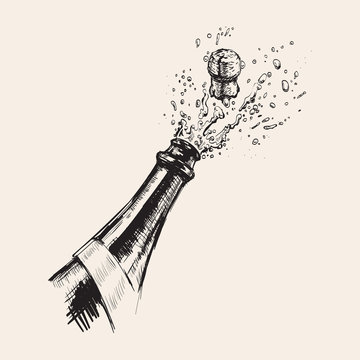 Hand drawn Illustration of Champagne explosion. Hen party. 
