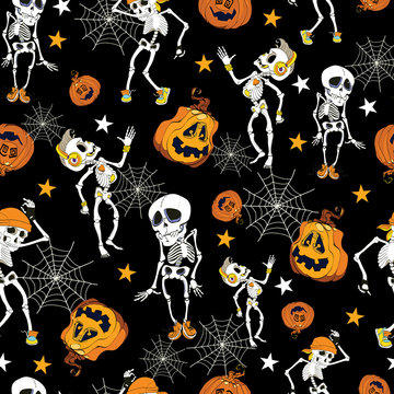 Dancing Halloween skeletons and pumpkins pattern. Great for spooky holiday wallpaper, backgrounds, invitations, packaging design projects. Surface pattern design.