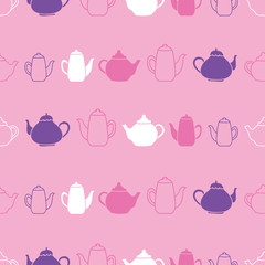 Pink teapots vector repeat pattern. Great for cafe and teahouse wallpaper, backgrounds, invitations, packaging design projects. Surface pattern design.