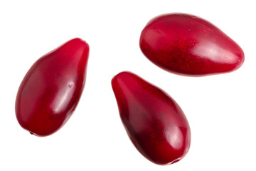 Red berries of cornel or dogwood isolated on white background. Top view. Flat lay