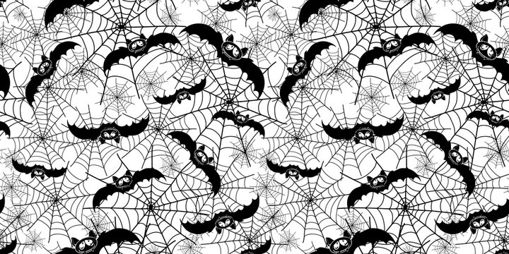 Halloween bats ans spiderweb repeat pattern. Great for spooky holiday wallpaper, backgrounds, invitations, packaging design projects. Surface pattern design.