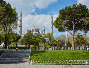 Fototapeta na wymiar Blue Mosque on background the blue sky on clear day, Istanbul