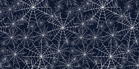 Halloween spiderweb black and white repeat pattern. Great for spooky holiday wallpaper, backgrounds, invitations, packaging design projects. Surface pattern design.
