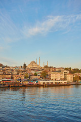 Fototapeta na wymiar Istanbul cityscape with boats and Suleymaniye Mosque