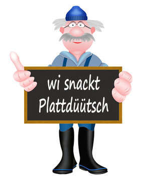 wi snackt plattd&uuml;&uuml;tsch, wir sprechen plattdeutsch, Seemann mit Schild, wei&szlig;er Hintergrund 