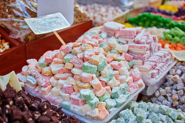 Turkish traditional sweets, rahat lukum in counter in the Grand Bazar market