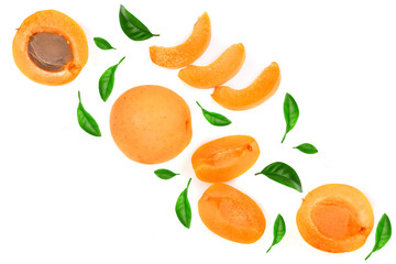 Apricot fruits with leaves isolated on white background with copy space for your text. Top view. Flat lay pattern