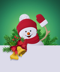 3d render, happy snowman waving hand, smiling, Christmas bells, greeting card template, blank banner, copy space, green background