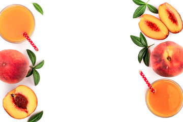 peach juice with leaves isolated on white background with copy space for your text. Top view. Flat lay pattern