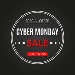 Cyber Monday sale banner. Discount round card or sticker. Special offer, sale poster, flyer, price tag design element. Vector illustration. 