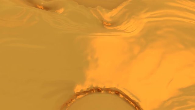 Animated top view of realistic pumpkin juice pouring from three inflows and splashing quickly filling whole container against green background.