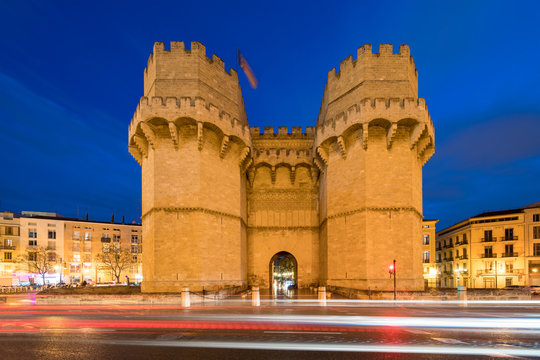 Serrano Towers old city gate in Valencia on night time, Spain, Europe.