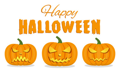 Happy Halloween. Pumpkins with scary faces isolated on white background. Halloween banner, poster, flyer or invitation card. Vector illustration.