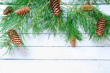 Christmas tree with cones. White wooden background.