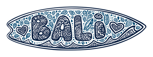 Dark blue doodle style vector surfing board with Bali sign, waves and hearts isolated on white background - 225946426